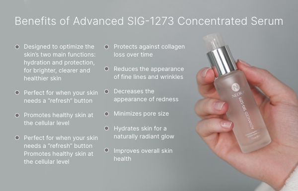Image of Age IQ SIG-1723 Advanced serum bottle surrounded by benefits pointed out.